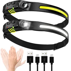 2-Pack Rechargeable Headlamps for Adults - Cordless Portable, Emergency Light, Flash, Head-Mounted, High Brightness, 2000mAh Battery-Powered, Motion Sensor Forehead Lights with Type-C USB Charging, Durable, Shockproof, Waterproof for Camping, Hiking, Cord