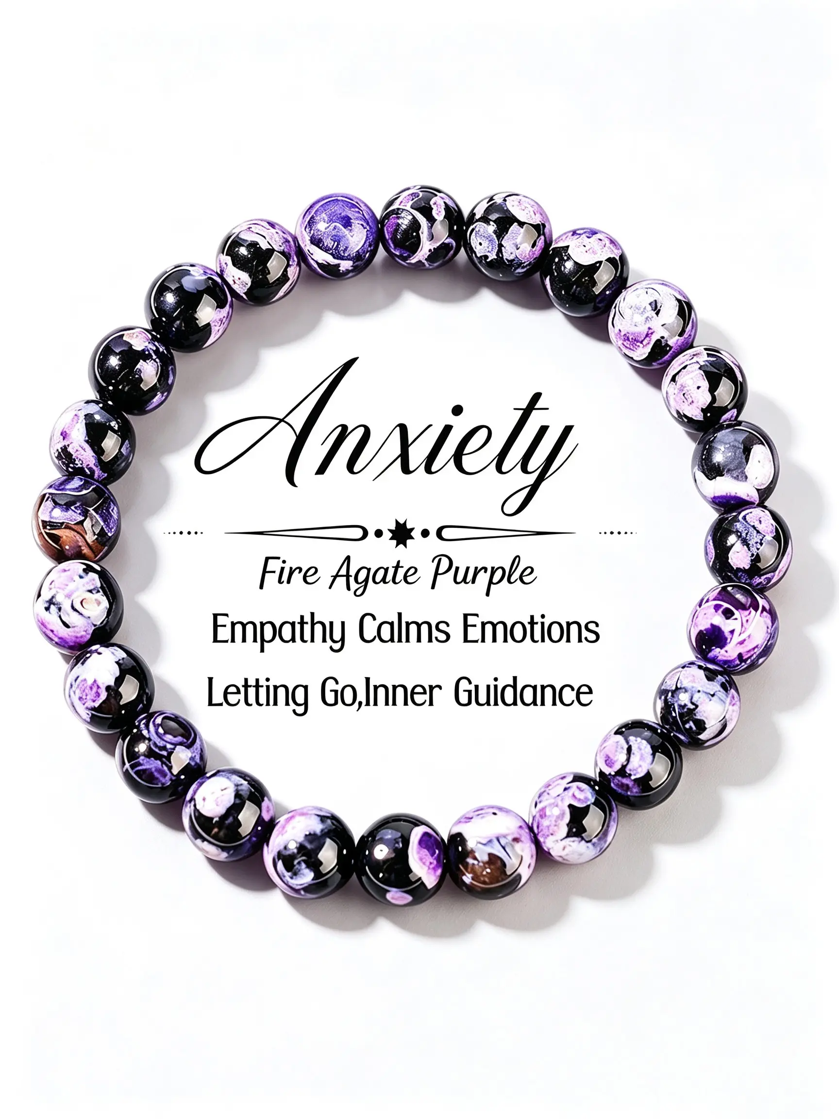 Purple Fire Agate Beaded Bracelet, Natural Crystal Healing Jewelry, Anxiety Relief Stress Calming Bracelets, Emotional Balancing Gemstone Bracelet, Spiritual Inner Guidance Accessory, Soothing Mood Bead Wristband For Daily Relax