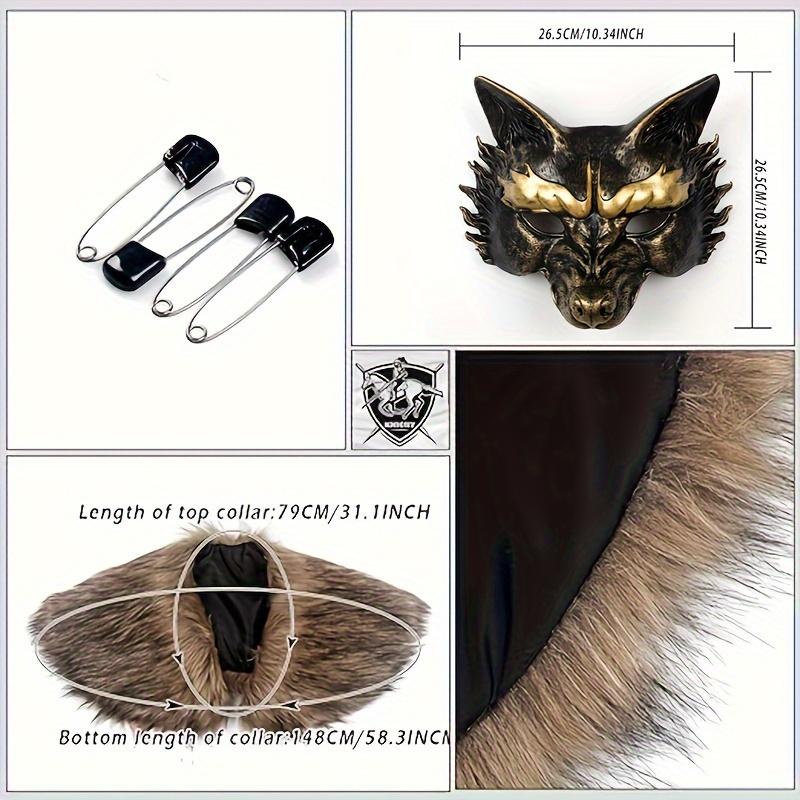 Viking Men's Faux Fur Shawl Collar with PU Mask Set, Anubis Costume LARP Winter Cosplay, Red Fluffy, Bestie Crewneck Clothes Menswear Gamis Brown