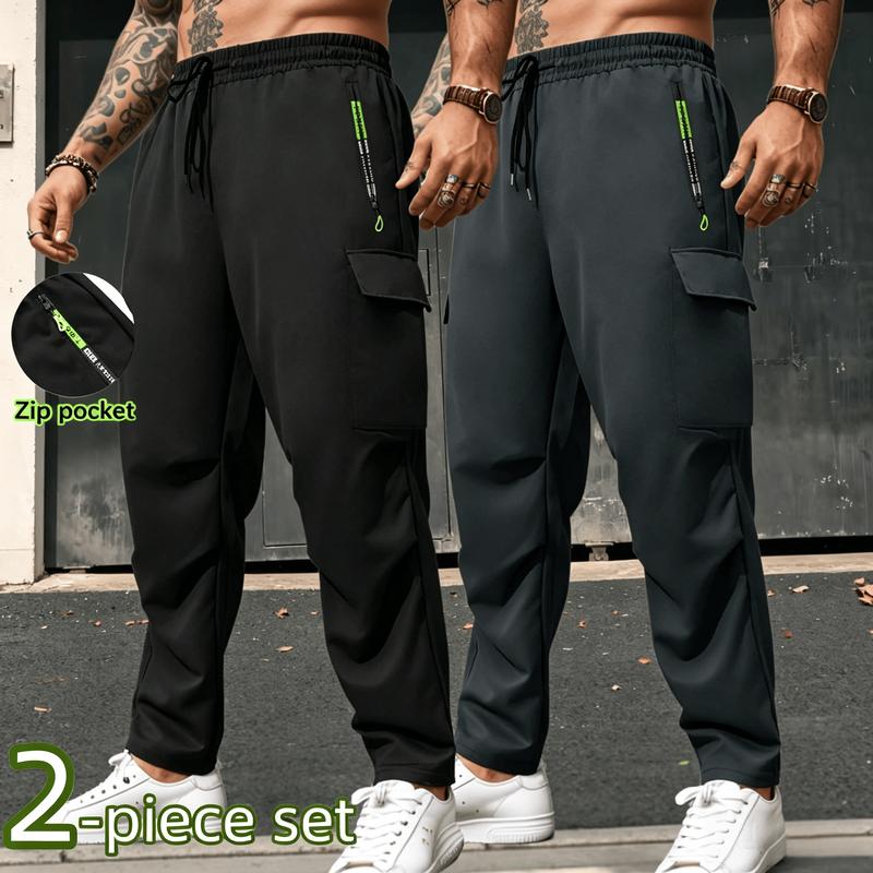 Men's 2PC Regular-Fit Lightweight Breathable Quick-Dry Joggers - Male Clothing, Adjustable Elastic Waistband, Embroidered Safety Zip Pocket, Universal All-Season Casual Outdoor Wear for Hiking, Daily Commuting
