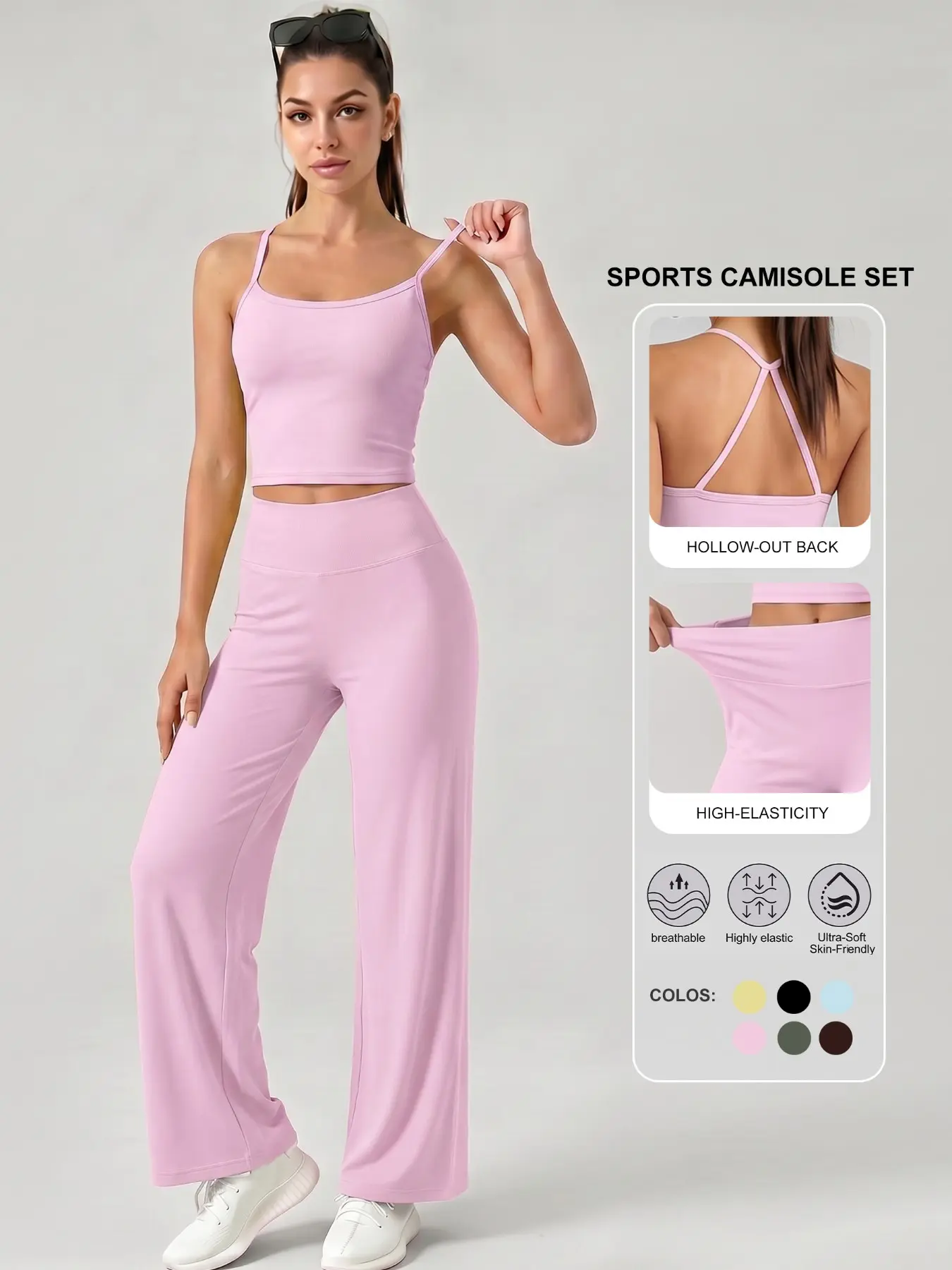 Women's 2 Piece Activewear Set, Sports Camisole Tank Top and High Waist Wide Leg Pants, Hollow Back Yoga Outfit, Stretch Workout Lounge Set for Gym Pilates Fitness Casual Wear