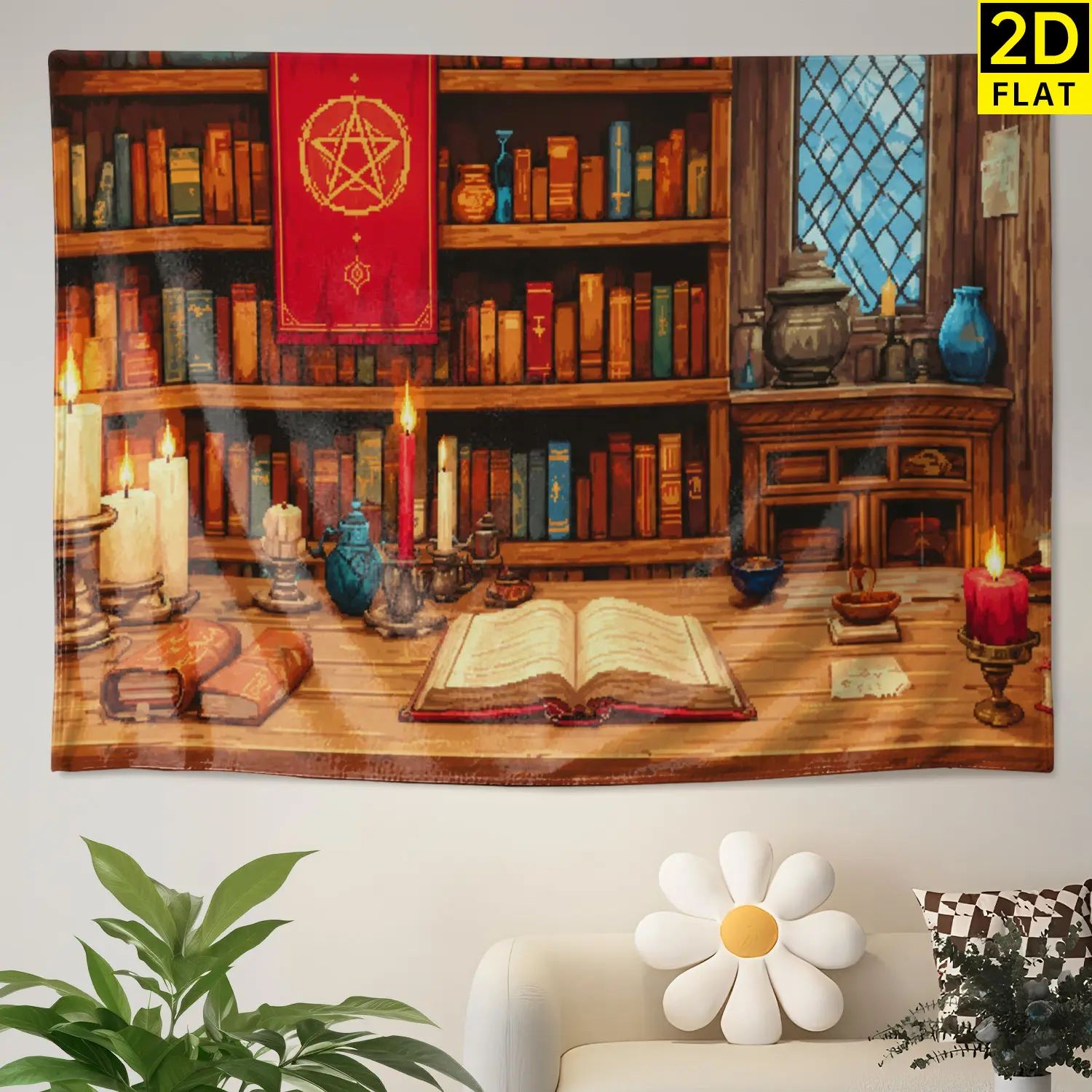 Vintage Magic Library Bookshelf Candlelight Synthetic Wall Tapestry - Large Printed Horizontal Polyester Wall Hanging, No Installation Required, Decoration for Living Room, Whimsical Home Decor, Gift Idea for Family