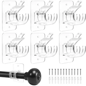 6 PCS Transparent No Drill Curtain Rod Adhesive Brackets, Adjustable Nail Free Curtain Rod Hanger Holder, 20 Pounds Max Load Capacity