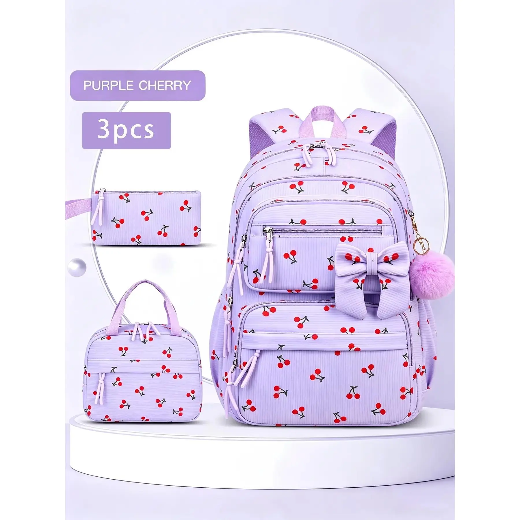 3pcs Cherry Print Backpack Combo, School Backpack Set With Meal Bag Stationery Pouch Bow Decor Pom Pom Pendant Multi-Layer Zipper Compartments Padded Adjustable Shoulder Straps Large Capacity for Campus Study Daily Commute Weekend Outdoor Trip