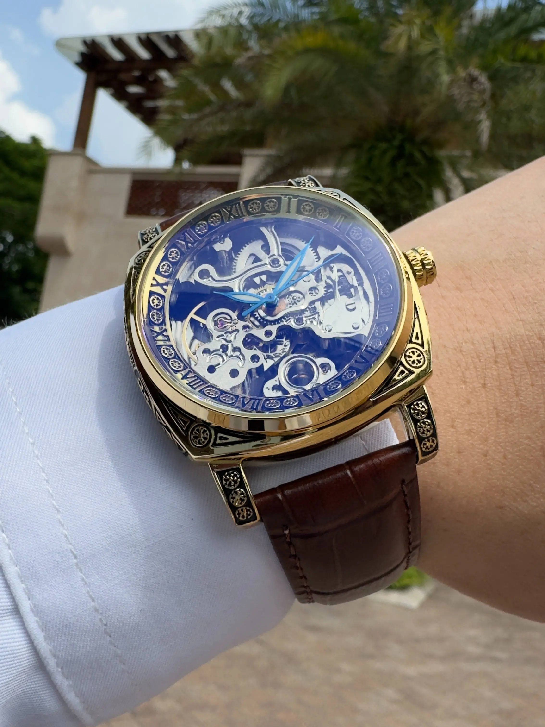 1pc Royal Retro Automatic Mechanical Watch for Men Luminous Hands PU Leather Strap Business Casual Skeleton Watches Top Brand Luxury Mens Wristwatches