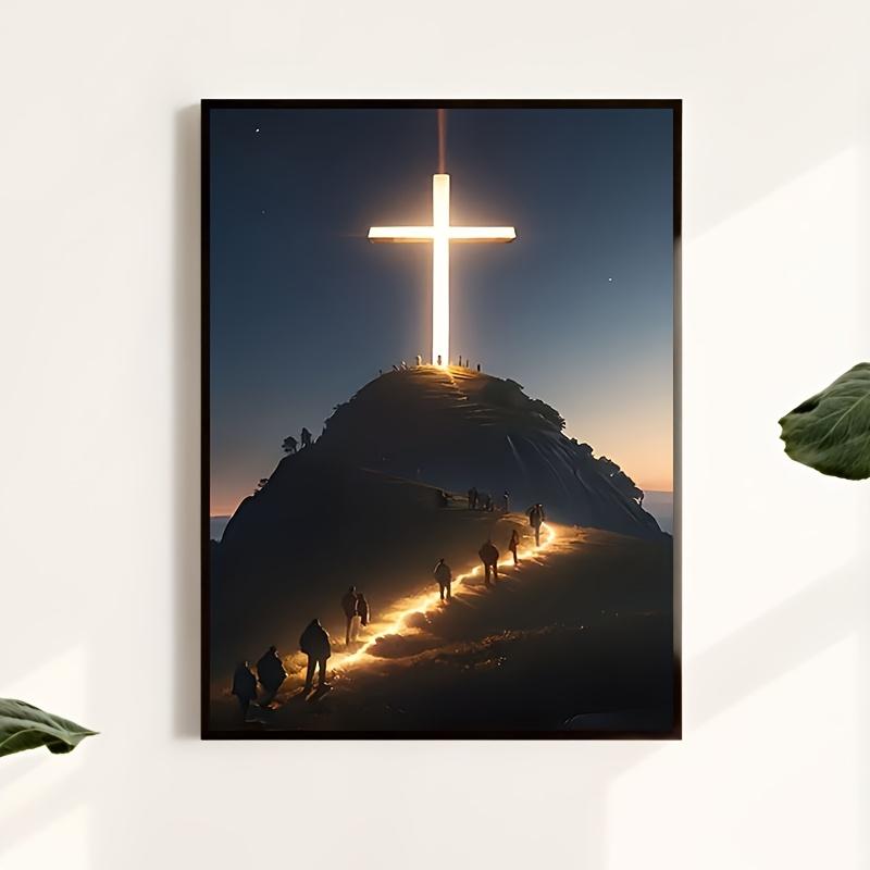 1pc Illuminated Cross on Mountain Canvas Print Poster, Religious Theme, Durable Artwork, Unique Creative Wall Decor, with Waterproof for Living Room, Bedroom, Office, Dining Room, Bar