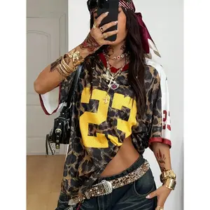 Women's Leopard Print No.23 V-Neck Short Sleeve Jersey, Vintage Hip Hop Short Sleeve Top, Breathable Casual Streetwear Daily T-Shirt