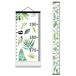 Green Plants Pattern Removable Canvas Kids Baby Height Growth Chart Ruler Wooden Frame Hanging Wall Measurement Chart for Toddler Room Nursery Decor 79"X7.9" with Black Wood