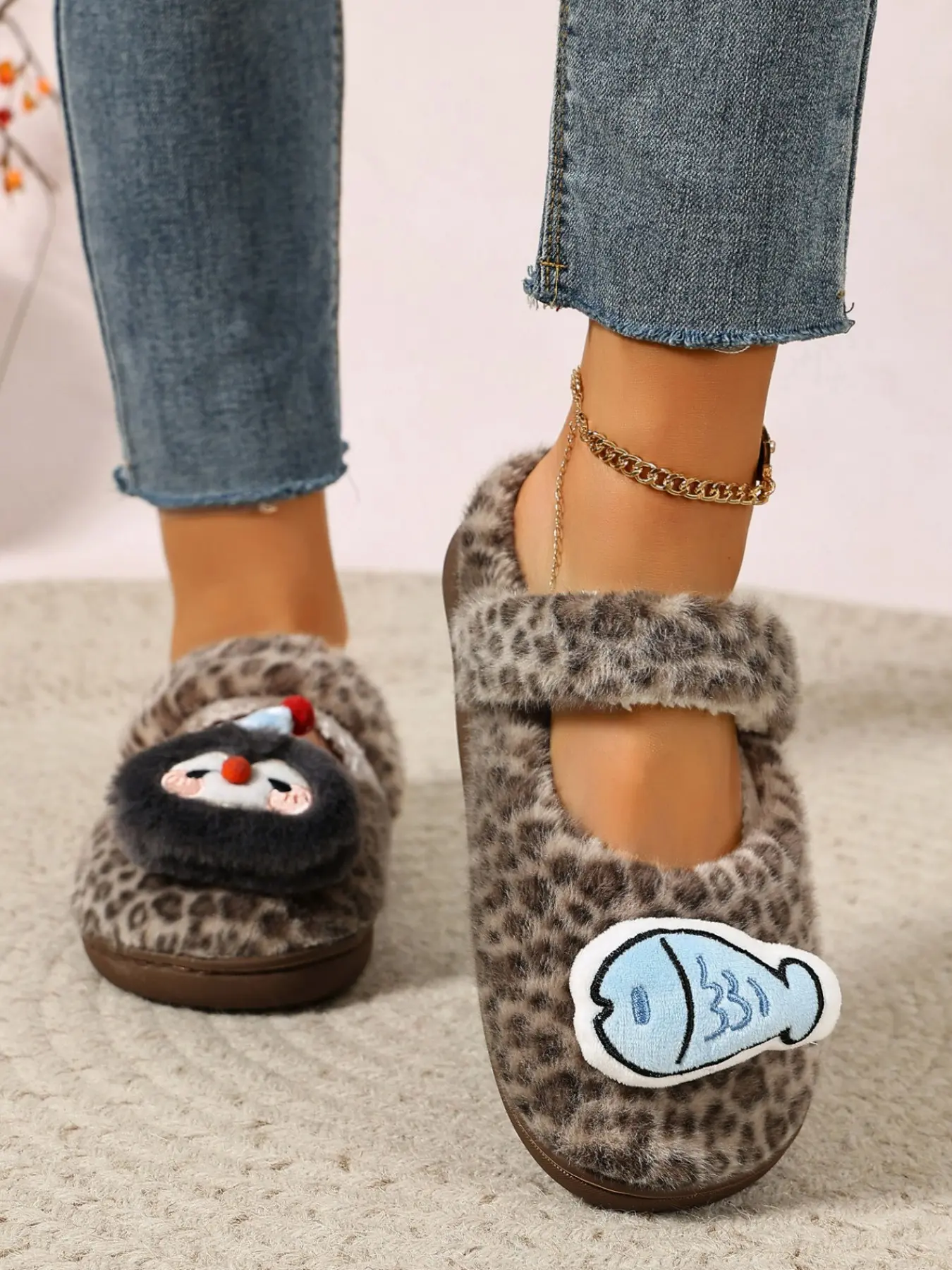 New Autumn Winter Cotton Slippers, Warm and Comfortable Leopard Print Penguin Cat Design, Indoor Home Slipper, Cozy Footwear