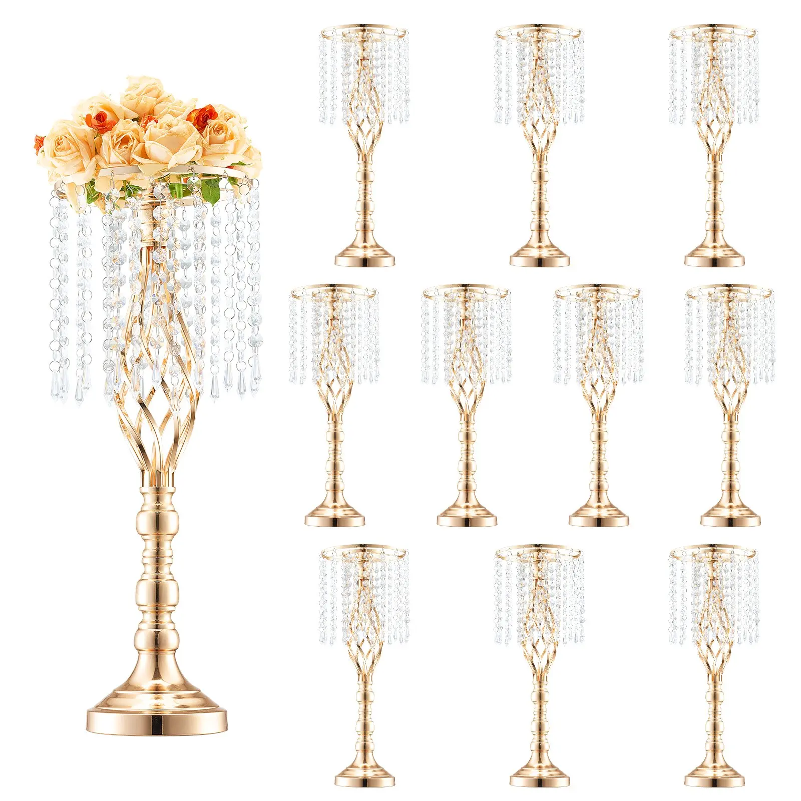 VEVOR 10PCS 55cm/21.65" Tall Crystal Wedding Flower Stand, Metal Wedding Centerpiece Vase, Gold Flower Holders Floral Display Rack for Tables Wedding Dinner Party, Ceremony Birthday Event Decor tiktokshopbacktoschool