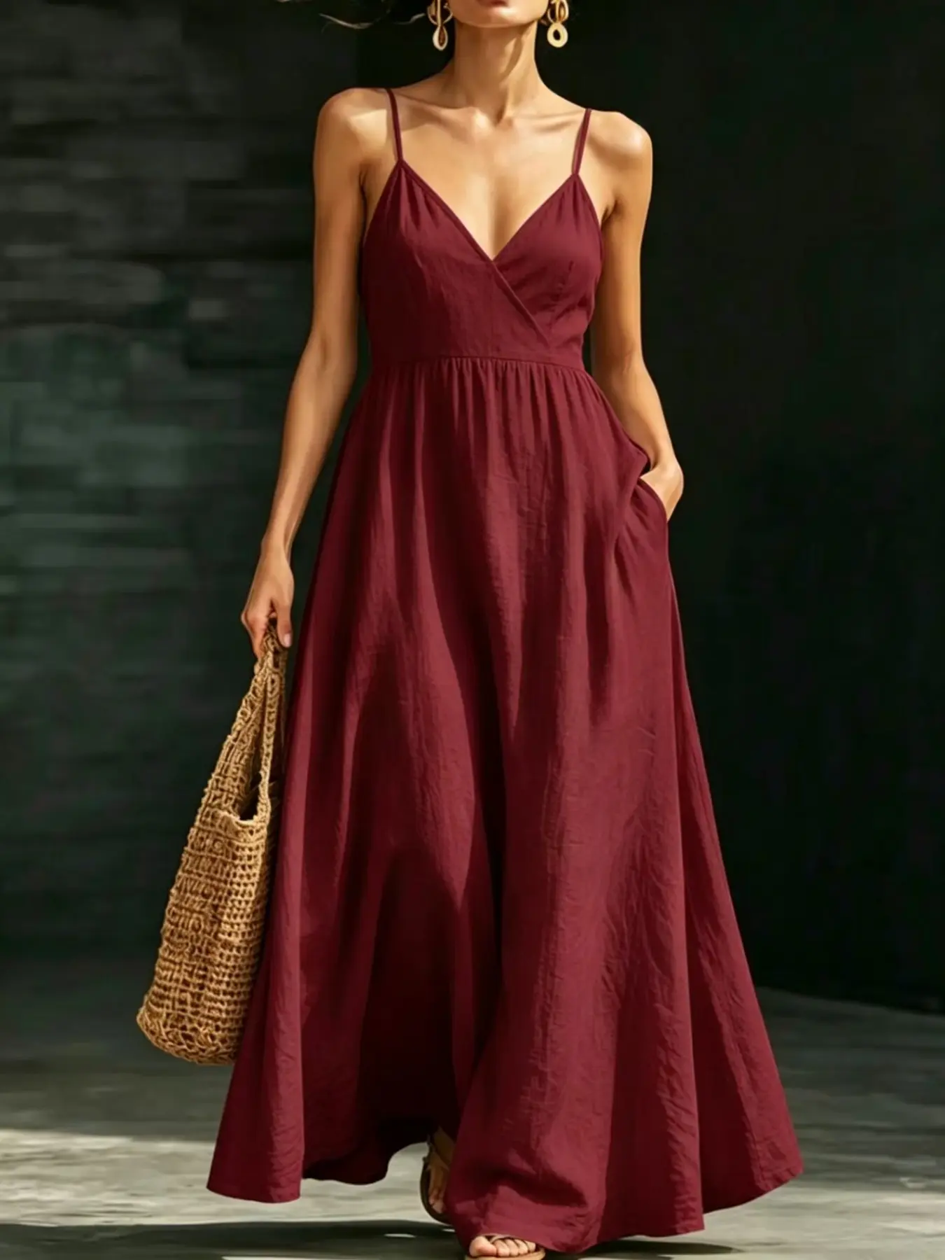 Summer New French Style Elegant Flowy Sleeveless V-Neck Backless Slimming Halter Dress, Chic and Graceful Long Dress for Women