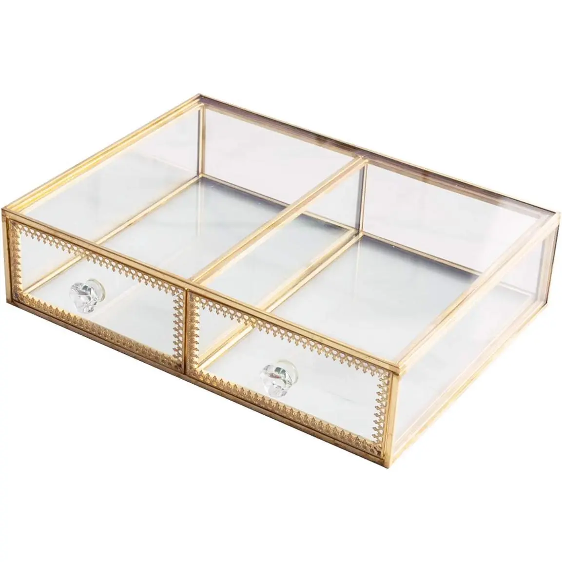 Antique Beauty Display Clear Glass 2 Drawers  Organizer,  Storage, Makeup Container 2 Cube  Case Holder/Beauty Dresser  Cabinet Decorative  Box