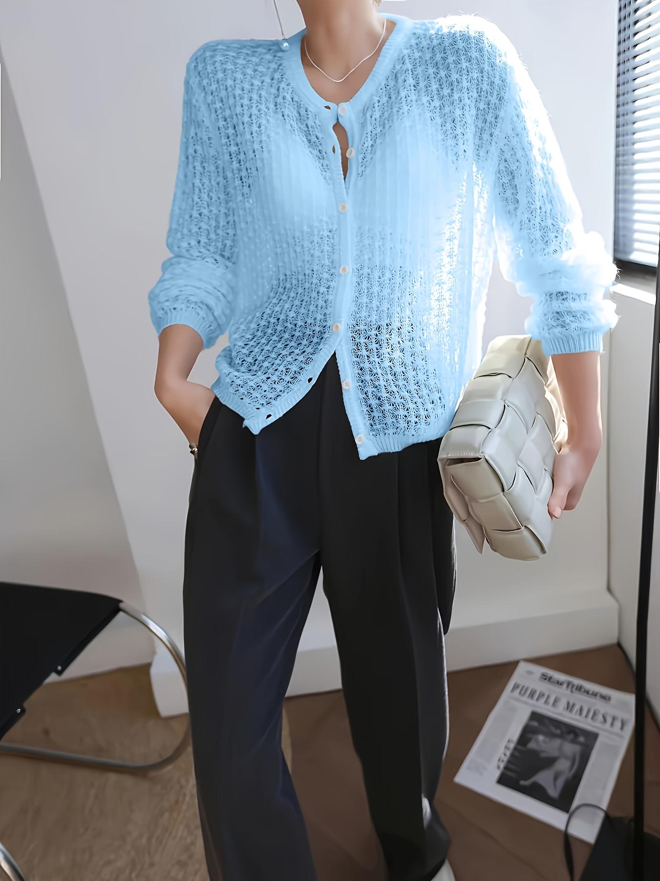Women's Fashion Round Neck Knit Long Sleeve Cardigan Button, Lightweight Casual Style, Perfect for Spring, Summer, Autumn, Elegant Loose Fit, Knitwear