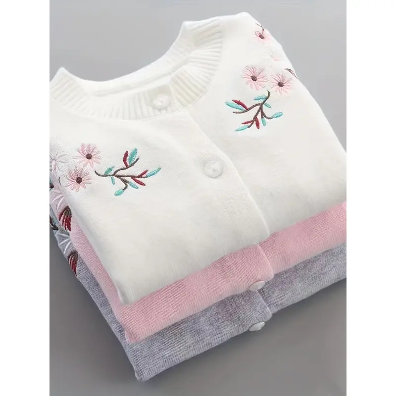 Girls' Lightweight Knit Cardigan Sweater - Soft Pastel  with Button Front, Long Sleeve Toddler to Kids Sweater for Everyday & Special Occasions, Easy Button Closure, Spring/Fall Layering Outfit (White Base with Floral Accents)