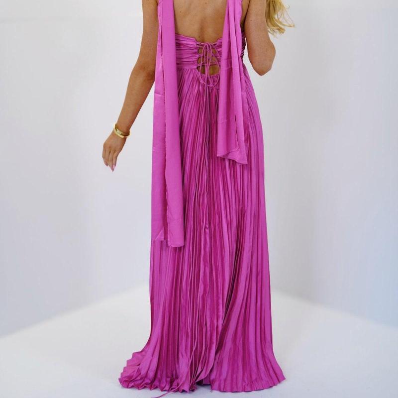 Women Long Dress Solid Color Pleated Tube Dress Summer Fashion Backless Casual Strapless Dress with Choker Scarf Light Polyester