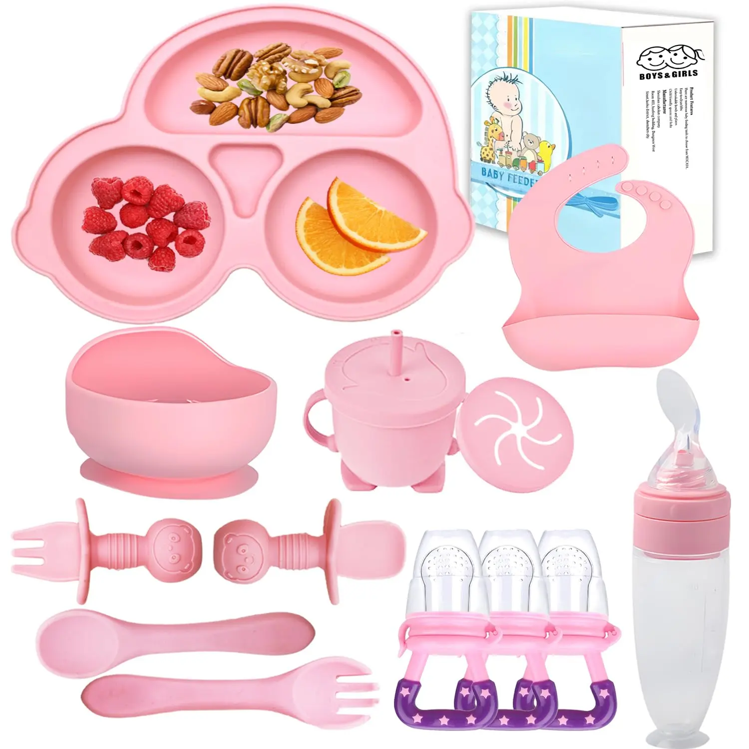 Silicone Baby Feeding Set,Baby Led Weaning Supplies Kit With Suction Bowl & Car Plate, Bib, Spoon, Fork, Cup - Food-Grade Silicone, Dishwasher-Safe, No BPAs - For 3+ Months