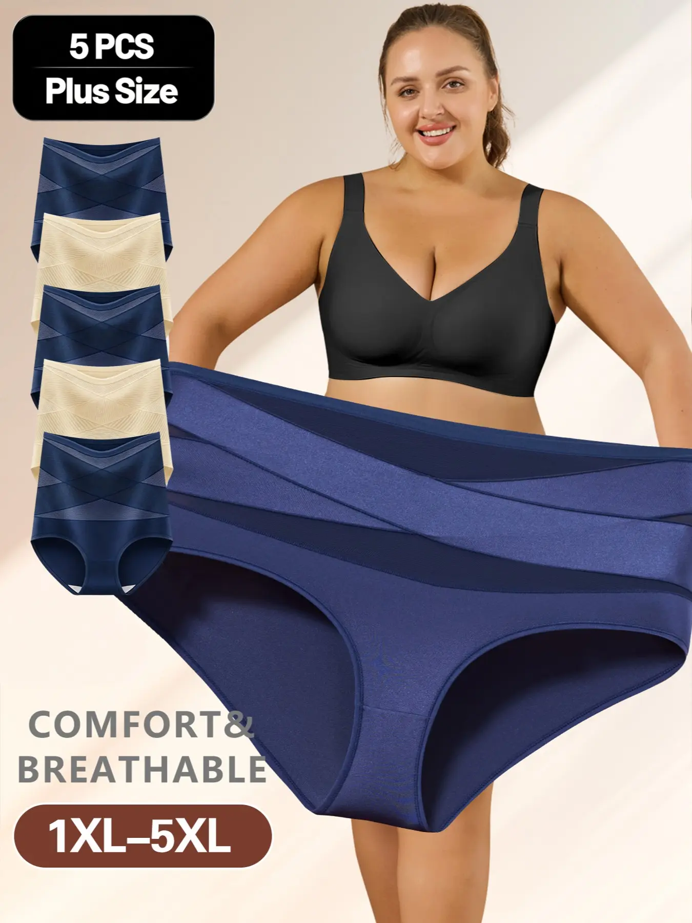 5pcs High-Waisted Shapewear Briefs, Plus Size Waist Cinching Soft Solid Color Women's Underwear Triangle Pants High Stretch Panties, Elegant Slim-Fit for All Seasons