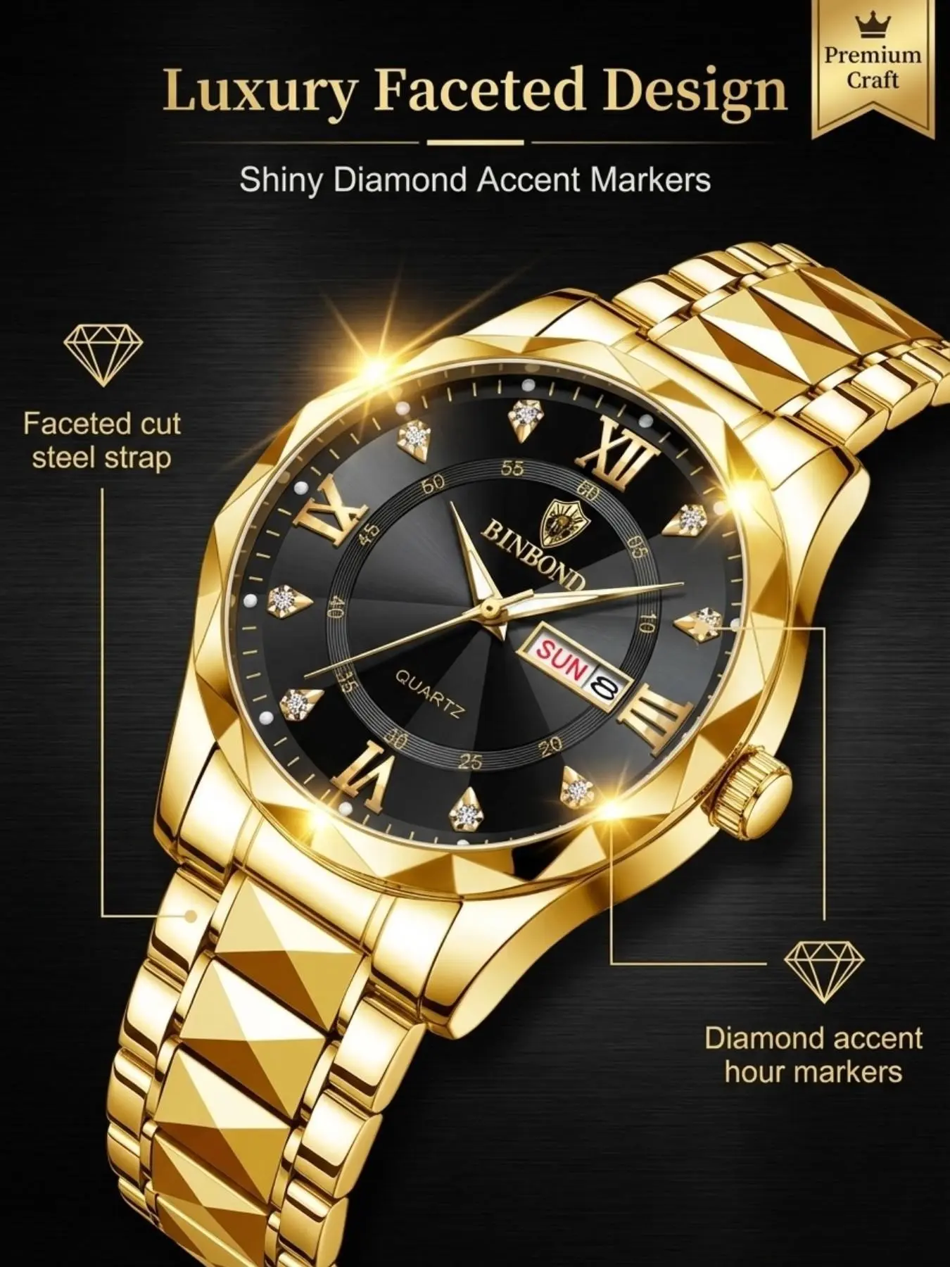 A men's gold new stainless steel trendy versatile multifunctional color diamond high-end quartz watch