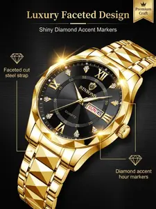 A men's gold new stainless steel trendy versatile multifunctional color diamond high-end quartz watch