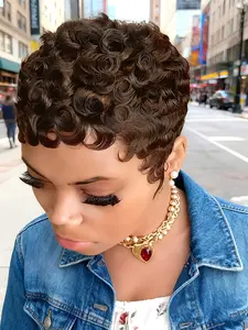 Short Afro Curly Human Hair Wigs Deep Curly Wig Full Machine Made Pixie Cut Wigs  for Women Kinky Curly Hair Natural Color