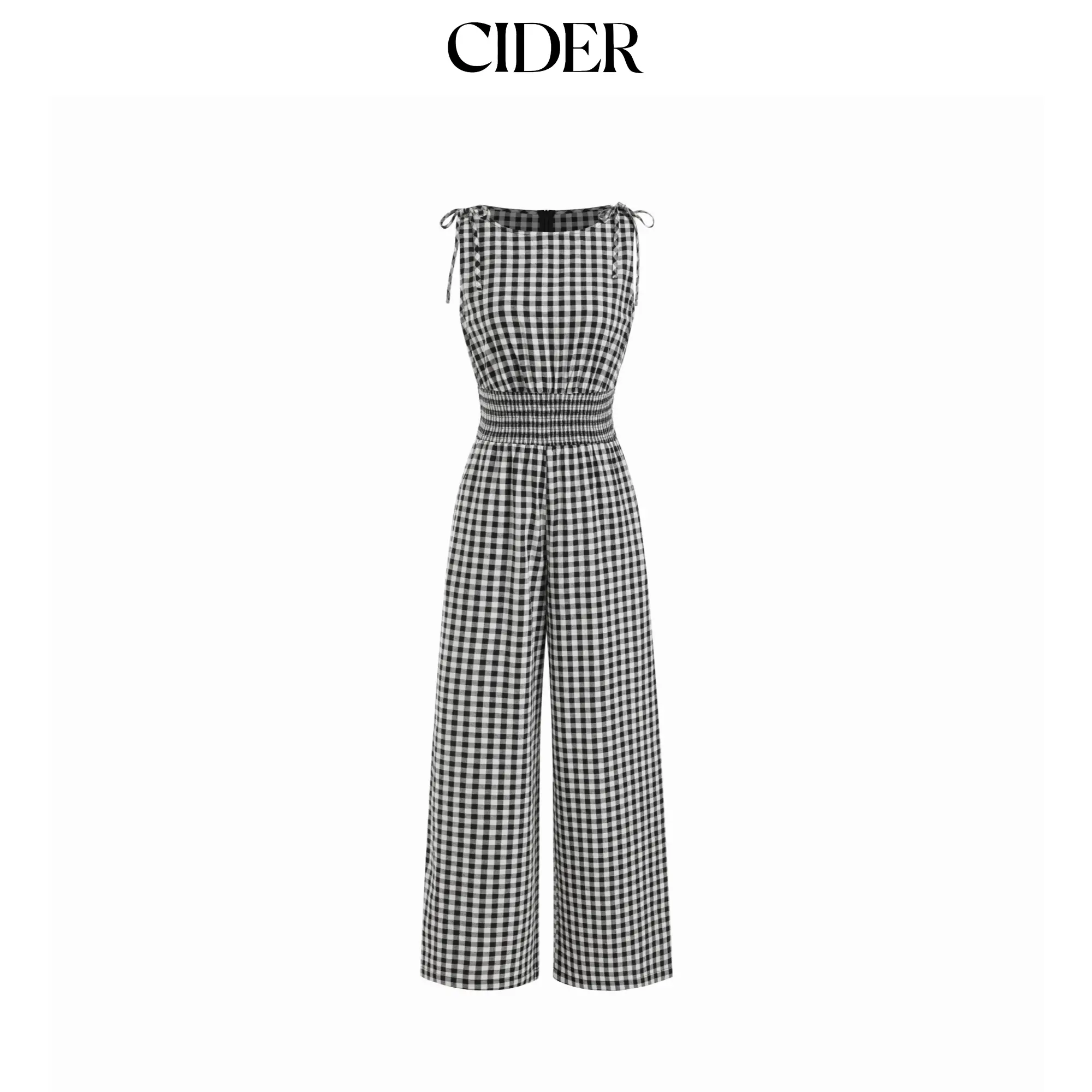 Cider Women's Casual Gingham Overalls, Sleeveless Cotton Loose Fit Jumpsuit Pants with a Drawstring Waist, Boat Neck, Plaid, Street