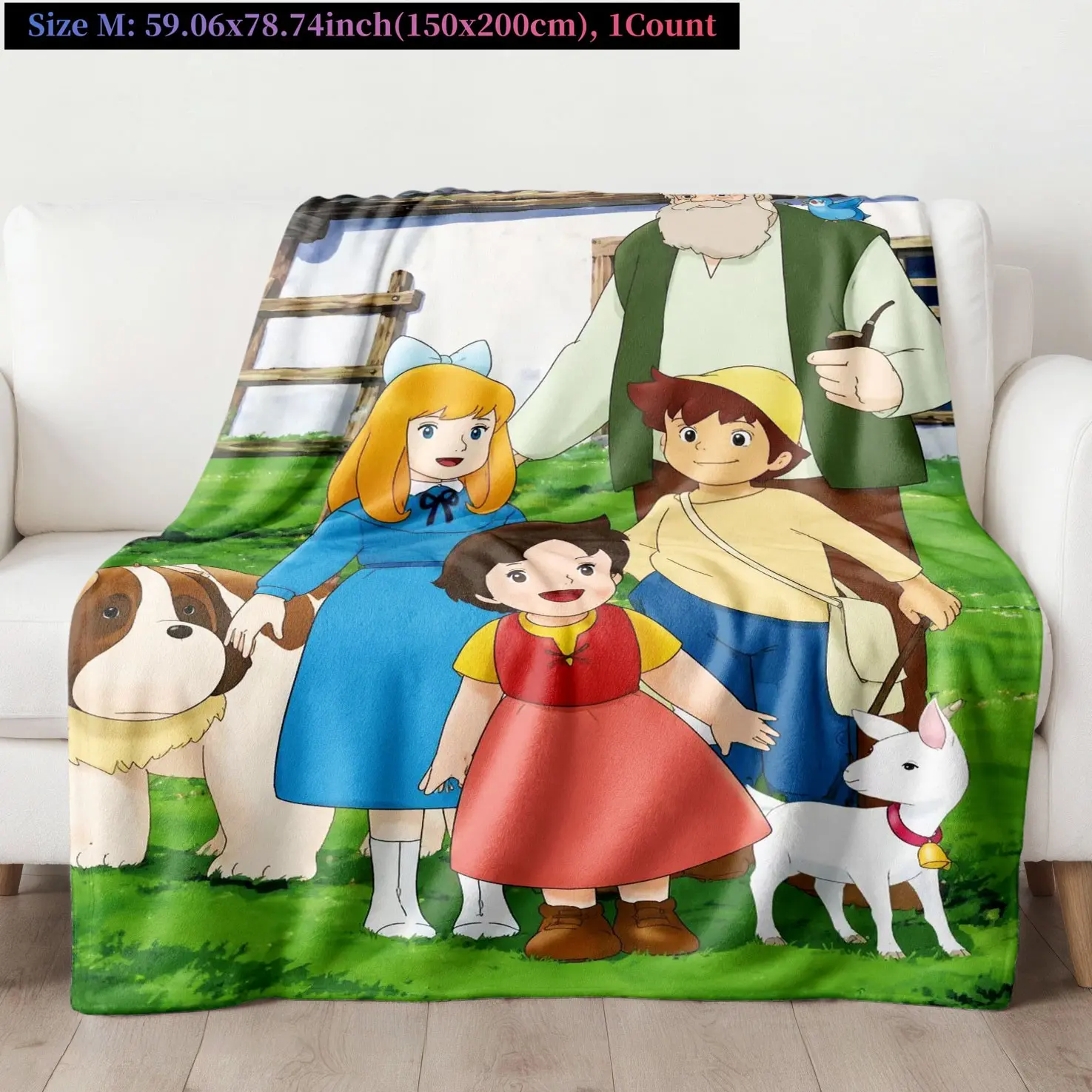 1pc Heidi Alpine Friends Flannel Blanket #Heidi #VintageAnimeBlanket, Classic Storybook Print with Heidi, Clara, Peter, Grandpa, Saint Bernard Dog, Little Goat, Blue Bird, Mountain Cottage & Green Alpine Meadow, Soft Cozy Lightweight Throw for Couch, Bed,