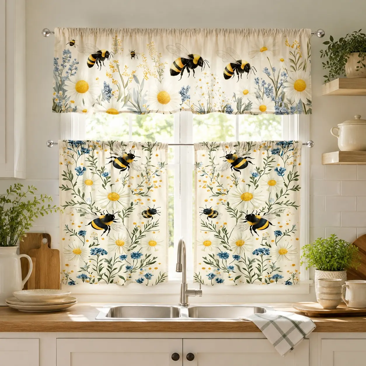 USA-Made 3-Piece 2D Flat Spring Garden Bee Curtain Set, Polyester Floral Curtains with Fresh Bee Prints, Vintage Botanical Animal Decorative Allergy-Safe Kitchen Drapes for Indoor Room Aesthetic, Vintage Floral Curtains Window Hanging