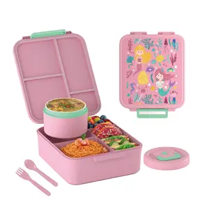 Bento Lunch Box for Kids with 8.5oz Soup Thermo, Kids Leakproof Lunch Food Containers with 4 Compartment, Blue Nylon Insulated Lunch Bag Adjustable Strap for Teens School Travel Picnic