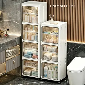 High body narrow ultra-thin bathroom furniture set storage cabinet with magnetic transparent cabinet door, stackable plastic storage box with universal wheels, convenient foldable narrow body storage cabinet with drawers and adjustable shelf layers