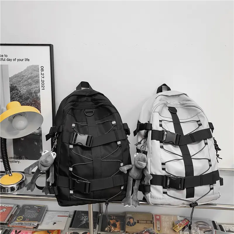 Skateboard Backpack With Adjustable Board Straps, Reflective Strip Street Style Large Capacity Nylon Mesh Daypack, Casual Techwear Backpack