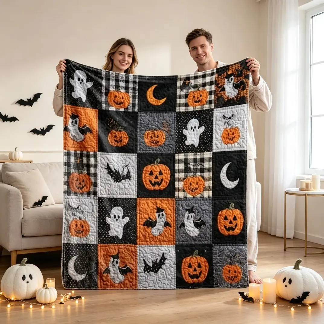 Cozy Halloween Flannel Blanket, Spooky Pumpkins Cute Ghosts Bats Moon Patchwork Design, Soft Plush Throw Blanket for Bedroom Decor, Warm Fleece Blanket for Sofa Bed Couch, All-Season Blanket for Adults Kids, Halloween Gift