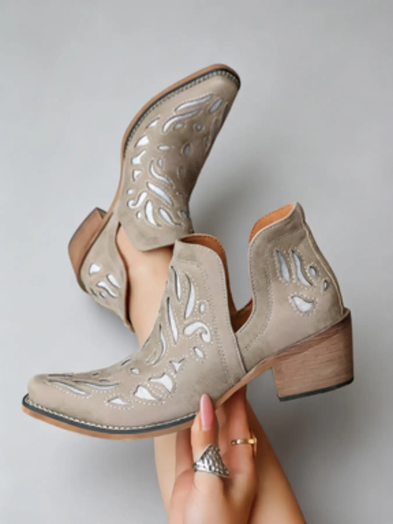 V-Neck Hollow Out Sequined Denim Short Boots, Soft Padding Comfortable, Western Style, Spring Summer Shopping Vacation