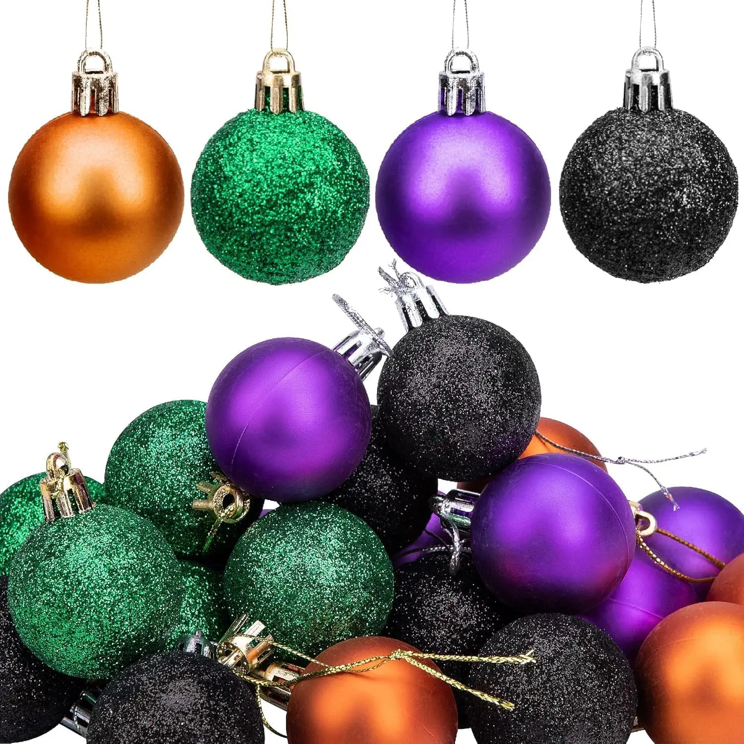 24 count Halloween Glitter Balls Ornaments-1.6"  Ball Tree Decoration | Shatterproof Design, Black Orange  Green Shiny Ball Ornaments, Halloween Christmas Party Tree Decor, Rope Included