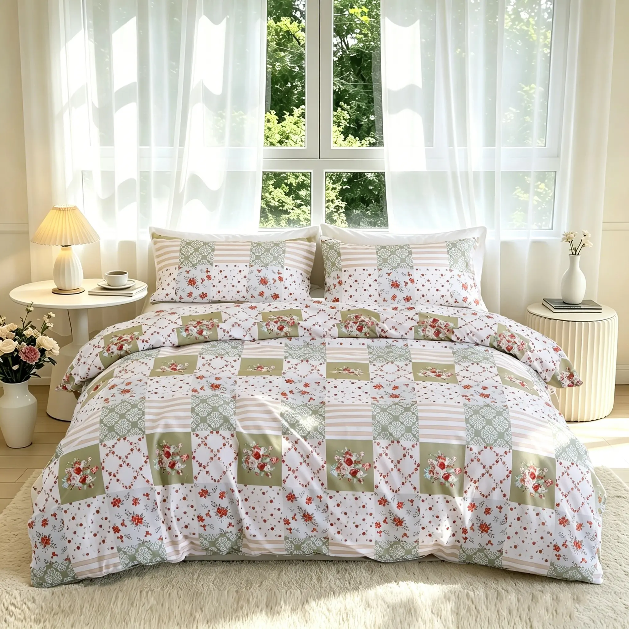 3-Piece Rose Patchwork Bedding Set, Soft Comfortable 1 Duvet Cover  & 2 Pillowcases, No Insert Bedroom Guest Room Use, All Seasons Perfect Gift for Valentine's Day and Birthdays