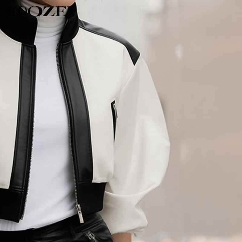 UOOZEE Women's New Fashion Autumn Winter Casual Fit Contrast Color PU Leather with Pockets Stand Collar Y2K Jackets, Puff Sleeves Patchwork Zipper Cropped Short Outerwears Coats