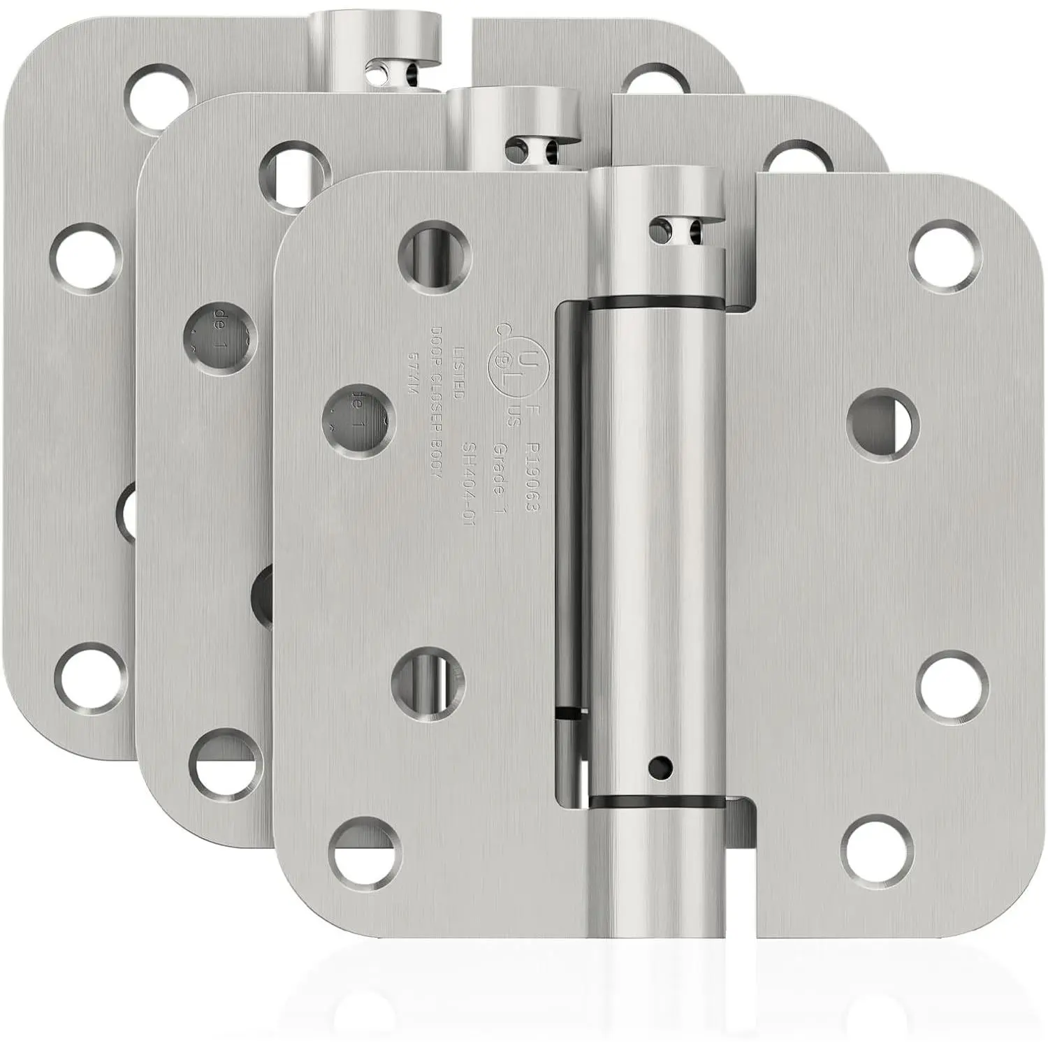 3-Pack Brushed Nickel Self-Closing Spring-Loaded Door Hinges, 4in Adjustable Tension, 5/8in Radius Corners, UL Listed, Multiple Packs Option, Left/Right Hand for Garage & Front/Back Doors, Garage Doors