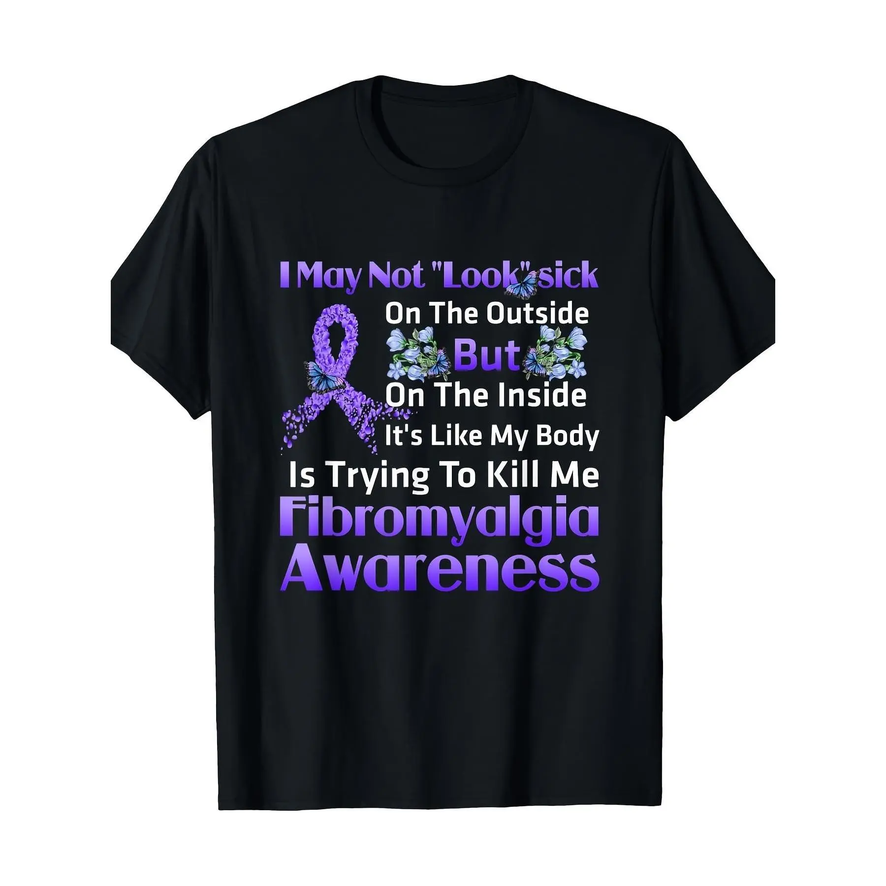 Men's Fibromyalgia Awareness Front Print T-Shirt - 100% Cotton Soft Oversized Round Neck Shortsleeve Streetwear Fashion Clothes for Casual Fitness