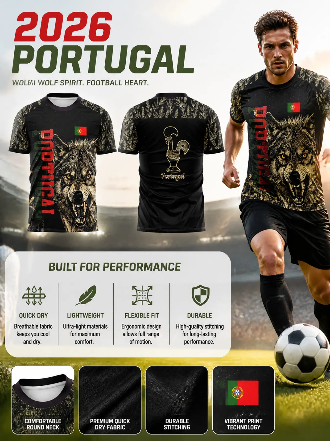 2026 Portugal Wolf Soccer Jersey, Men's Gold Football Shirt, Short Football Jerseys, Quick-Dry Lightweight, Patriotic Gift for Fans, All-Over Print