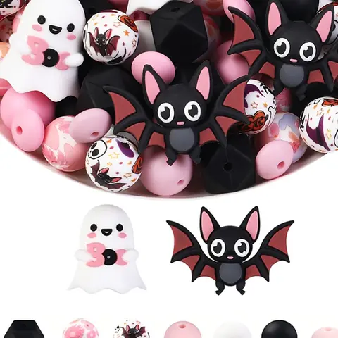30pcs Halloween Boo Bat Silicone Beads Set, Crafting Beads, DIY Jewelry Making Supplies, Bracelet Charms, Party Accessories, Craft Materials