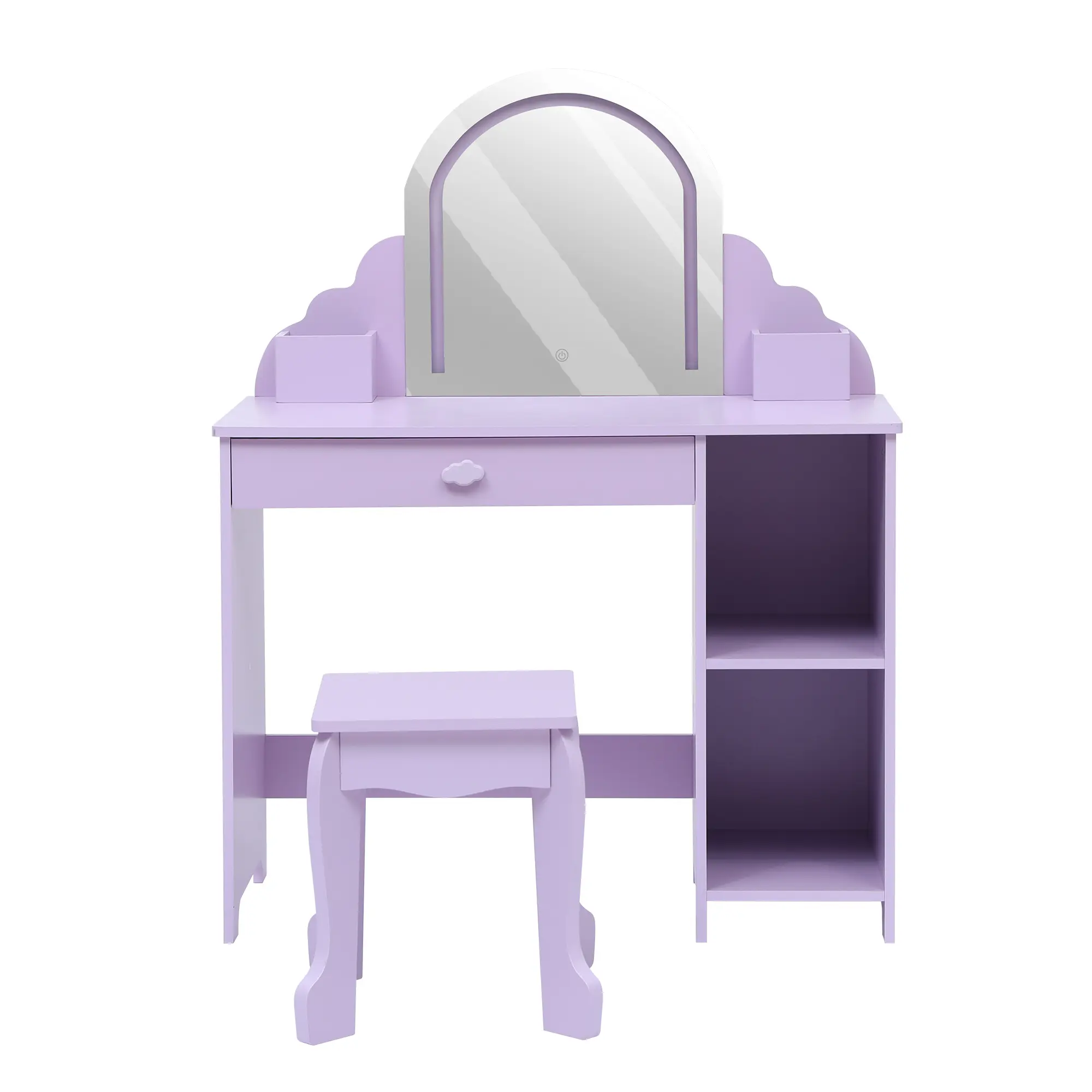 Purple MDF Vanity Set with Lighted Mirror, Stool, Drawer, and Open Shelves
