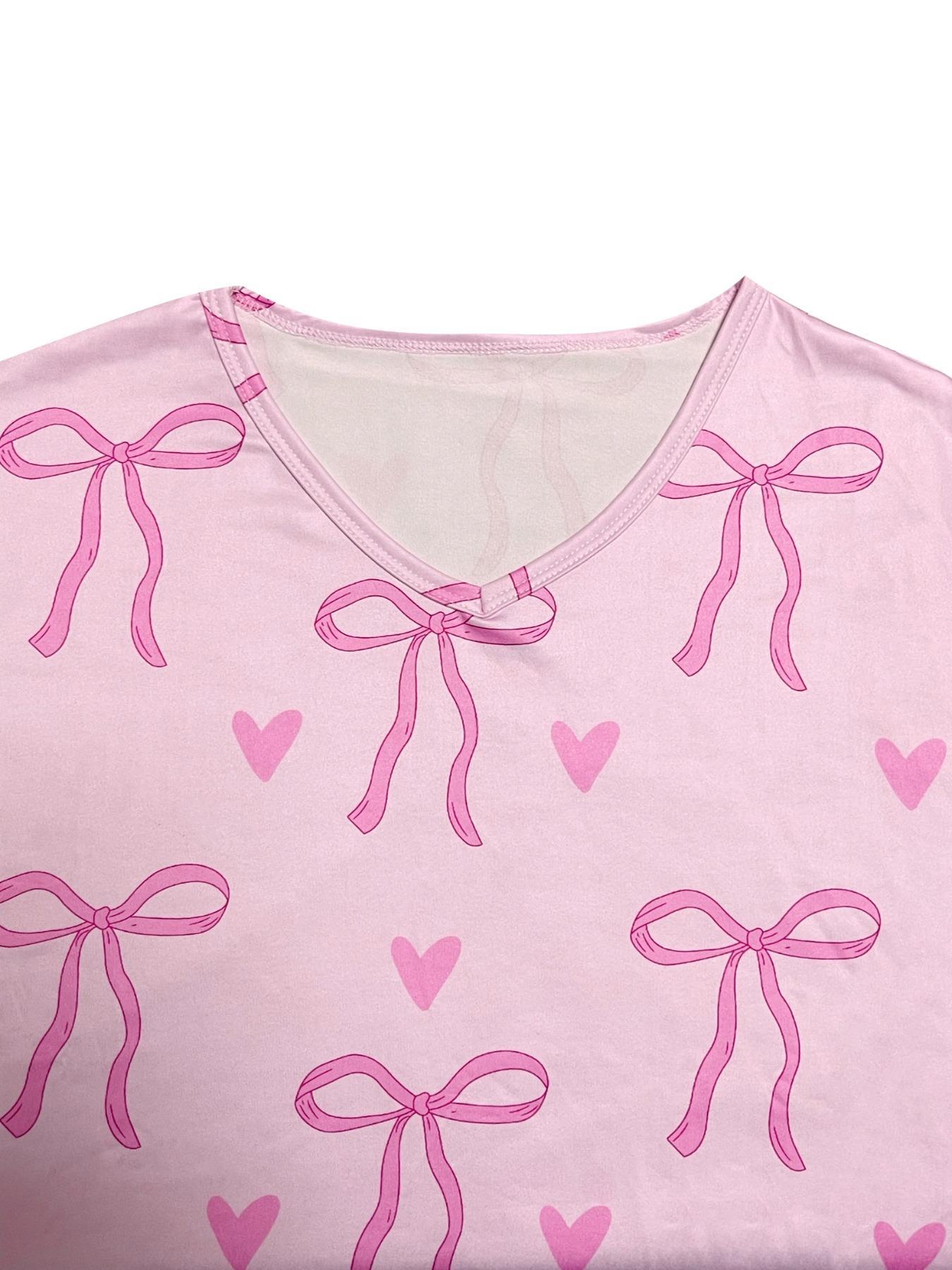 Women's Bow Print Tee & Pants Pyjama Two-piece Set, Casual Comfy Round Neck Short Sleeve T-shirt & Trousers Pj Set, Ladies Sleepwear for All Seasons, Loungewear, Pajamas, Nightwear Lounge Set