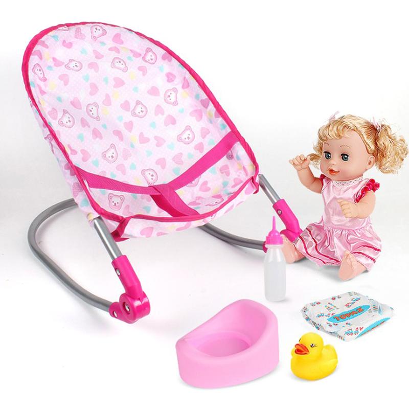 Simulation Doll Stroller Set Pink Baby Stroller Pretend Play Toys Rocking Chairs Swing Bed Dining Chair Doll House Accessories