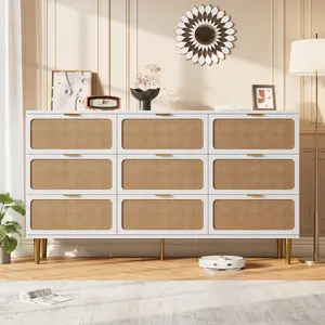 Garvee Rattan 9 Drawer Tall Dresser with Deep Drawers, Large Wooden Chest for Bedroom, Closet, Living Room, Hallway, and Kids Room, Featuring Wide Top and White Finish