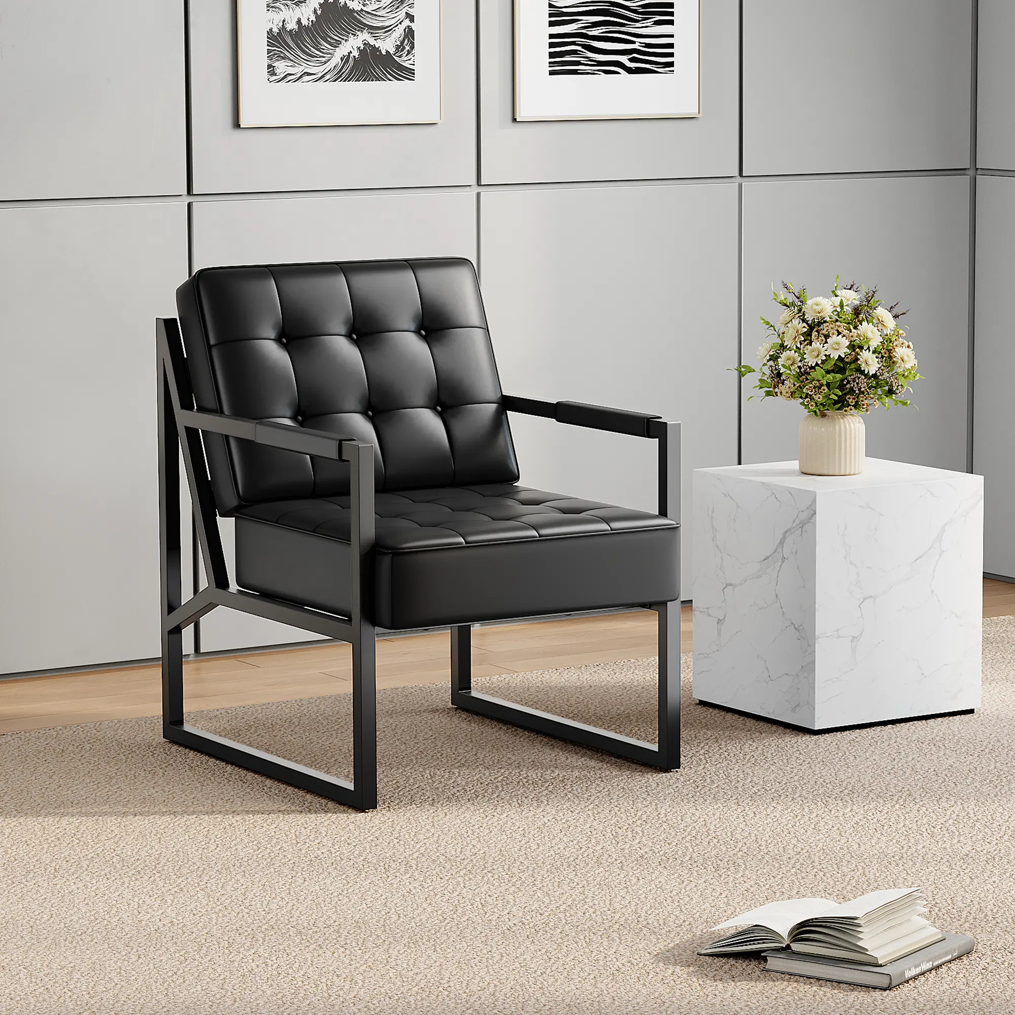Black PU Leather Upholstered Accent Armchair, Comfort Single Lounge Chair with Plush Cushion and Durable Iron Frame, Mid Modern Furniture for Home and Reception Area