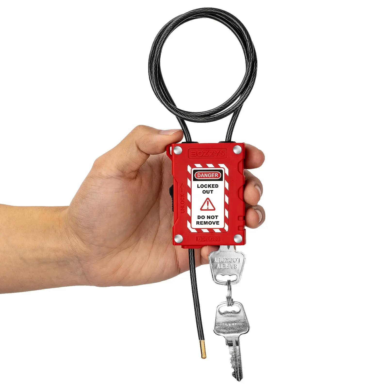 BOZZYS Lockout/Tagout  Steel Cable Lock Includes 2 keys; OSHA compliant; features an adjustable PVC-coated steel cable (dimensions: 0.16 in x 31.5 in); suitable for valves, control panels, and machinery; made of nylon PA66; includes 3 warning labels.