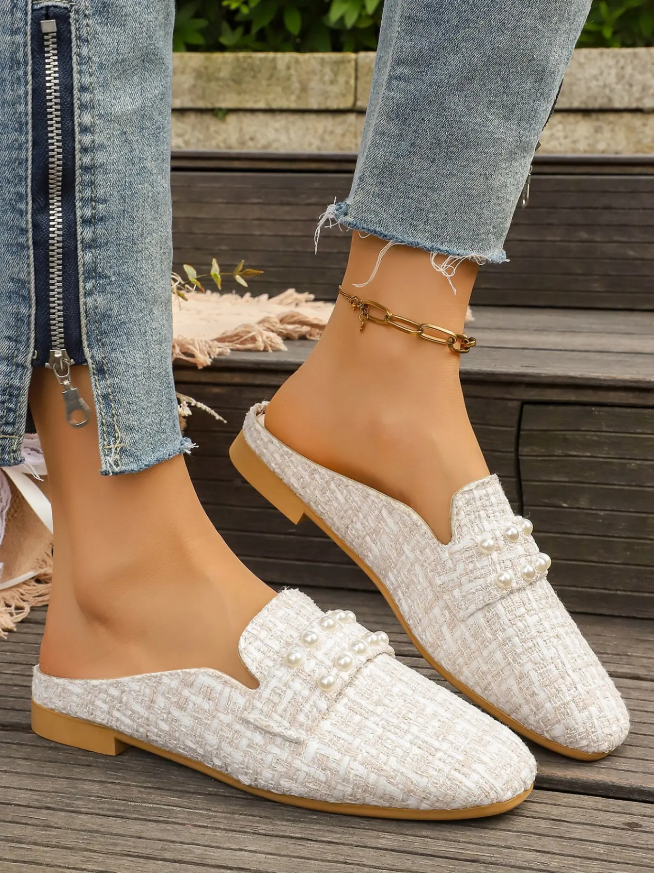 New Round Toe Tweed Mule Slippers, Elegant Plain Sole Outdoor Women's Shoes, Small Charming Style, Comfortable and Stylish Footwear