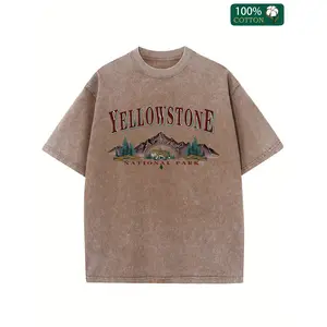 Men Yellowstone National Park Illustration Letter Graphic Tee Washed Batik Crew Neck Short Sleeve Summer Outdoor Casual Top