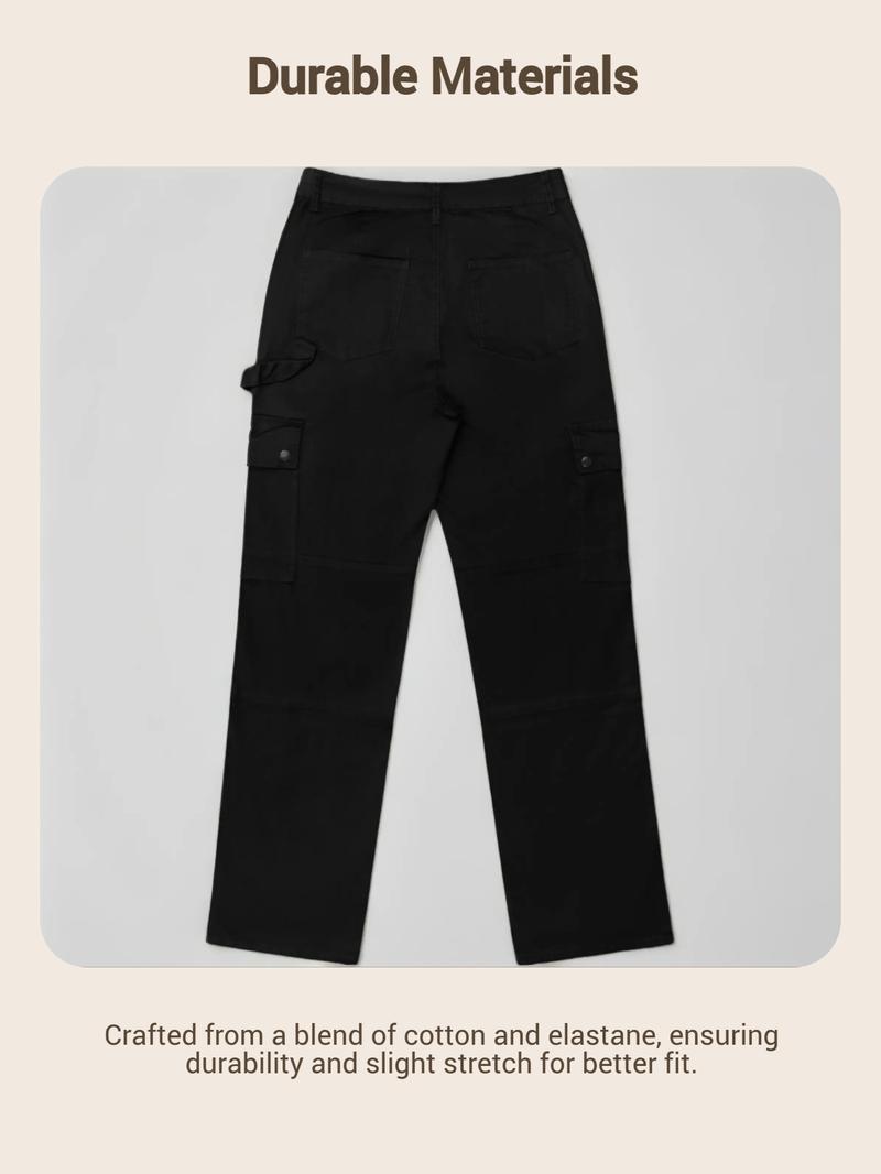 GILIPUR Y2K Women's Solid  Multiple Pockets Cargo Pants, Plain Comfort Basic Streetwear Casual Comfy Pocket Design Trousers For Daily Wear, Going Out Bottoms, Autumn And Winter Women's Baggy Clothing, Womenswear, Casual Fit Trousers, Lady Loose Clothe