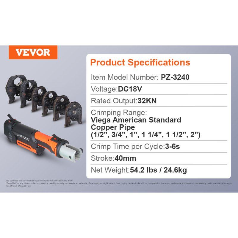 VEVOR ProPress Tool, 18V Electric Pipe Crimping Tool for 1/2, 3/4, 1, 1 1/4, 1 1/2, 2 Copper Pipes, Press Tool Kit with Brushless Motor, 6 Pro Press Jaws, 2pcs 4AH Battery VEVOR ProPress Tool, 18V Electric Pipe Crimping Tool for 1/2, 3/4, 1, 1 1/4, 1 1/2, 2 Copper Pipes, Press Tool Kit with Brushless Motor, 6 Pro Press Jaws, 2pcs 4AH Battery