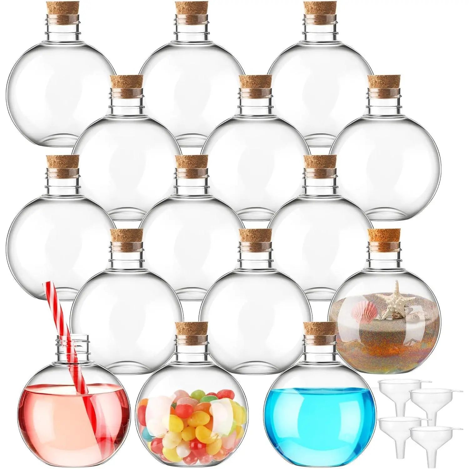 15 Pcs 6 oz Spherical Plastic Potion Bottles Ball Shape Sand Art Bottles with Funnel Christmas Cocktail Ornament Balls Candy Jar for DIY Wedding Party Crafts Decoration(Wood Color, Cork)